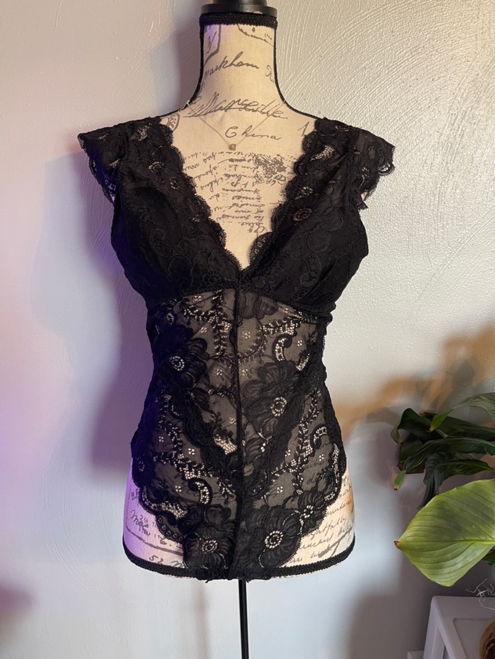 Haute Monde Black Lace Bodysuit Plunge V Neck Open Back Lingerie Top M